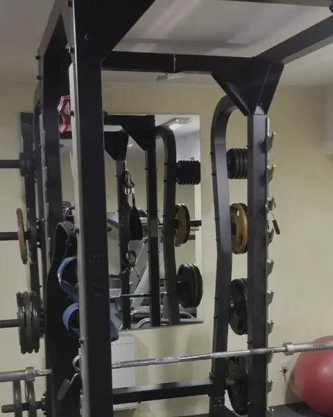 Rackul de forță din sala Impulse Fitness, cu discuri olimpice pe suporturi